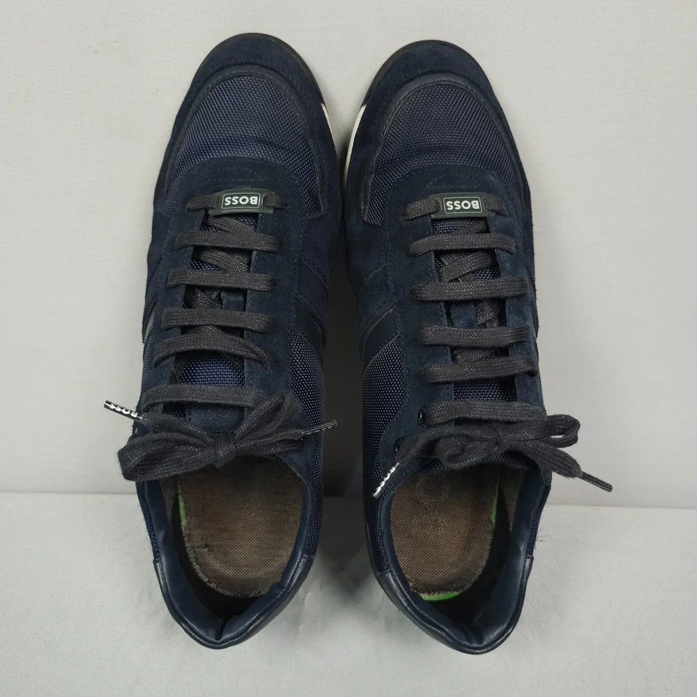 Hugo Boss Glaze Shoes Men Size 43 US 10 Navy Blue Suede Low Lace Up Sneaker